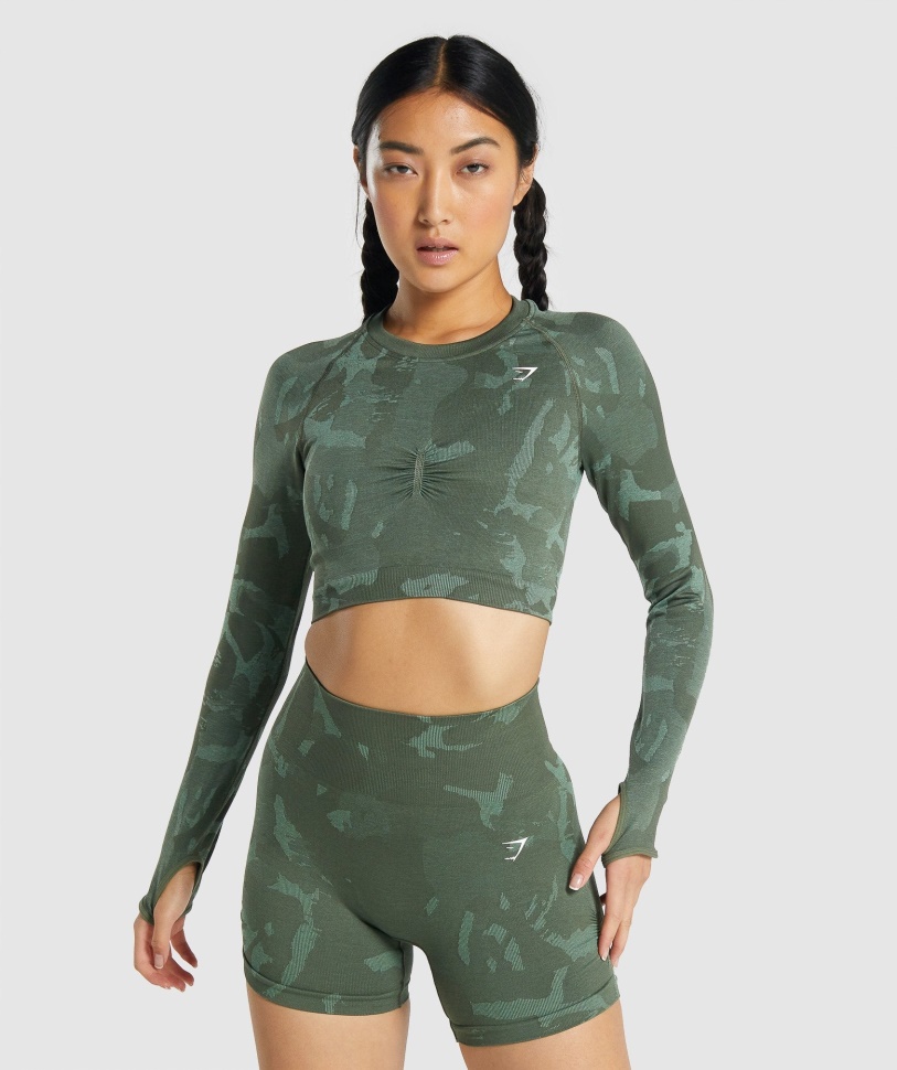 Gymshark Adapt Camo Nahtloses Langärmliges Bauchfreies Top Savannengrün